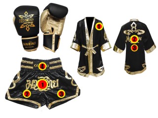 Kanong Tréninkové Rukavice + Muay Thai boxerské plášť + Kanong Muay Thai Trenky : Černá Lai Thai