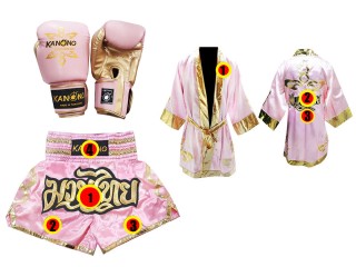Kanong Tréninkové Rukavice + Muay Thai boxerské plášť + Kanong Muay Thai Trenky : Růžový Lai Thai