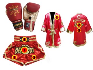 Kanong Tréninkové Rukavice + Muay Thai boxerské plášť + Kanong Muay Thai Trenky : Červené Lai Thai