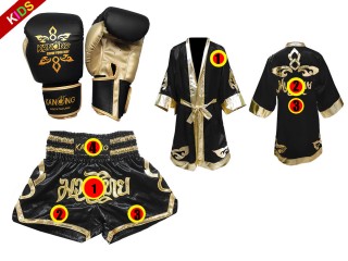 Kanong Tréninkové Rukavice + Muay Thai boxerské plášť + Kanong Muay Thai Trenky pro děti : Černá Lai Thai