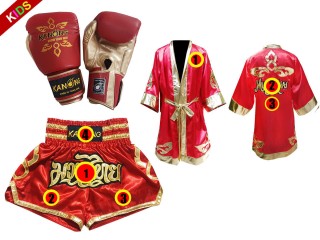 Kanong Tréninkové Rukavice + Muay Thai boxerské plášť + Kanong Muay Thai Trenky pro děti : Červené Lai Thai