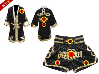 Kanong Muay Thai boxerské plášť + Kanong Muay Thai Trenky pro děti : Černá Lai Thai