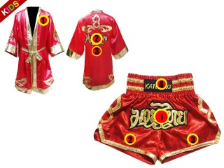 Kanong Muay Thai boxerské plášť + Kanong Muay Thai Trenky pro děti : Červené Lai Thai