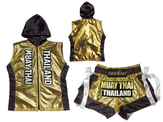 Vlastní Muay Thai Boxerská Mikina s kapucí a Muay Thai Trenky : KNHODSET-004-Zlato-Černá