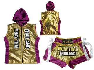 Vlastní Muay Thai Boxerská Mikina s kapucí a Muay Thai Trenky : KNHODSET-004-Zlato-Fialová