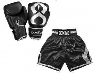 Odpovídající rukavice Muay Thai a boxerské šortky : KNCUSET-201-Černo-stříbrná