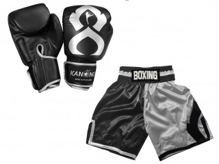 Odpovídající rukavice Muay Thai a boxerské šortky : KNCUSET-202-Černo-stříbrná