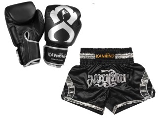 Odpovídající rukavice Muay Thai a šortky Muay Thai: Set-144-Gloves-Černo-stříbrná