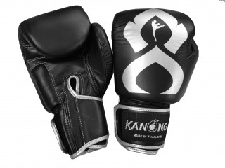 Kanong Thai Box Rukavice z pravé kůže : "Thai Kick" Černá-Stříbrný
