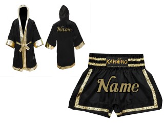 Kanong Muay Thai boxerské plášť + Kanong Muay Thai Trenky : Set-140-Černá-Zlato