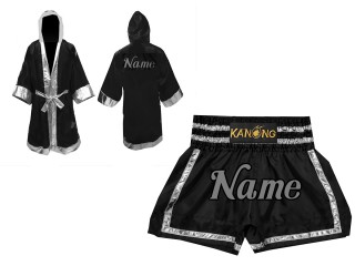 Kanong Muay Thai boxerské plášť + Kanong Muay Thai Trenky : Set-140-Černá-Stříbrný