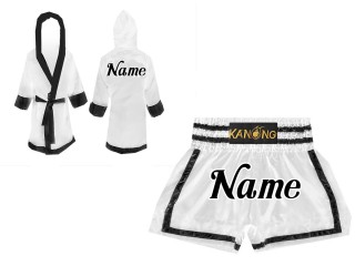 Kanong Muay Thai boxerské plášť + Kanong Muay Thai Trenky : Set-140-Bílý-Černá