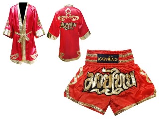 Kanong Muay Thai boxerské plášť + Kanong Muay Thai Trenky : Červené Lai Thai
