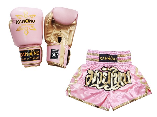 Odpovídající rukavice Muay Thai a šortky Muay Thai: Set-121-Růžový