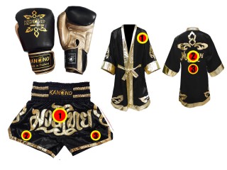 Kanong Tréninkové Rukavice + Muay Thai boxerské plášť + Kanong Muay Thai Trenky : Černá Lai Thai