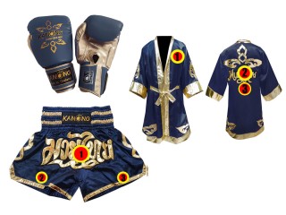 Kanong Tréninkové Rukavice + Muay Thai boxerské plášť + Kanong Muay Thai Trenky : Námořnická modrá Lai Thai