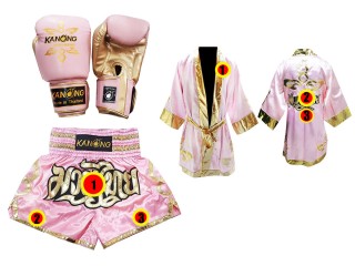 Kanong Tréninkové Rukavice + Muay Thai boxerské plášť + Kanong Muay Thai Trenky : Růžový Lai Thai