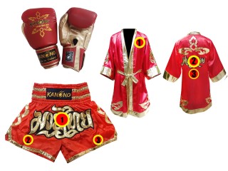 Kanong Tréninkové Rukavice + Muay Thai boxerské plášť + Kanong Muay Thai Trenky : Červené Lai Thai