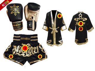 Kanong Tréninkové Rukavice + Muay Thai boxerské plášť + Kanong Muay Thai Trenky pro děti : Černá Lai Thai