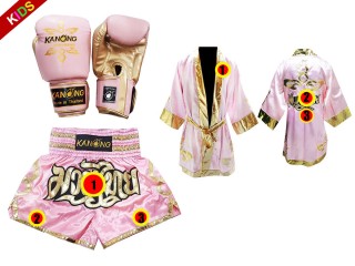Kanong Tréninkové Rukavice + Muay Thai boxerské plášť + Kanong Muay Thai Trenky pro děti : Růžový Lai Thai