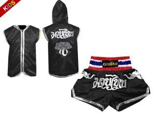 Personalizované Muay Thai Boxerská Mikina s kapucí + Muay Thai Trenky pro děti : Černá Slon