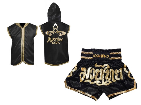 Personalizované Muay Thai Boxerská Mikina s kapucí + Muay Thai Trenky : Černá Lai Thai