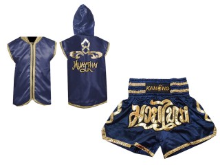 Personalizované Muay Thai Boxerská Mikina s kapucí + Muay Thai Trenky : Námořnická modrá Lai Thai