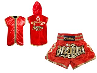 Personalizované Muay Thai Boxerská Mikina s kapucí + Muay Thai Trenky : Červené Lai Thai