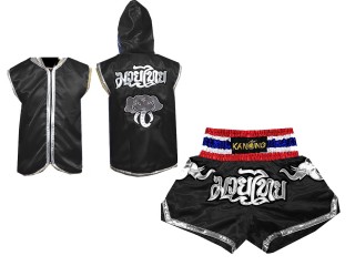 Personalizované Muay Thai Boxerská Mikina s kapucí + Muay Thai Trenky : Černá Slon