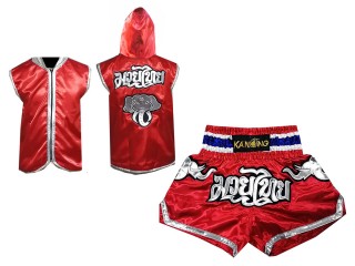 Personalizované Muay Thai Boxerská Mikina s kapucí + Muay Thai Trenky : Červené Lai Thai