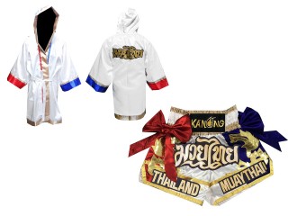 Kanong Muay Thai boxerské plášť + Kanong Muay Thai Trenky : Bílý