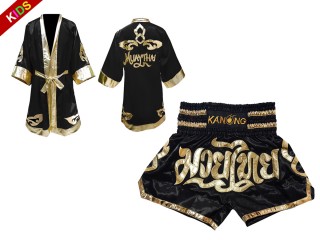 Kanong Muay Thai boxerské plášť + Kanong Muay Thai Trenky pro děti : Černá Lai Thai