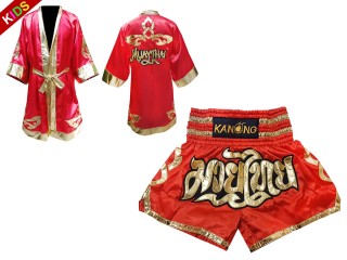 Kanong Muay Thai boxerské plášť + Kanong Muay Thai Trenky pro děti : Červené Lai Thai